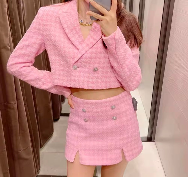 Women Sexy Pink Tweed Bling Button Blazer Two Piece Short Set