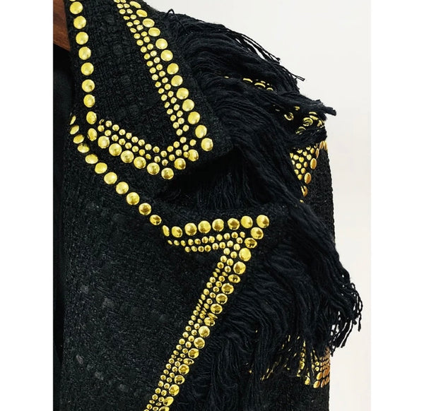 Women Gold Sequins Patchwork Fringe Blazer Jacket