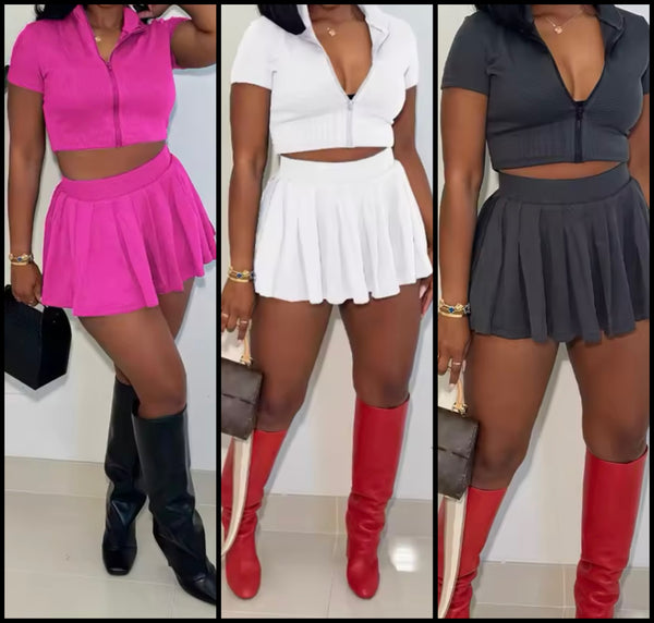 Women Color Zip Up Short Sleeve Two Piece Pleated Skirt Set