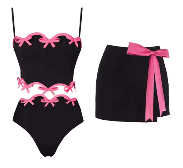 Women Sexy Color Patchwork Bow Bikini/Swimsuit Cover Up Set