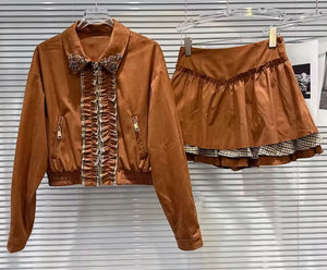 Women Beaded Plaid Patchwork Suede Jacket Two Piece Skirt Set