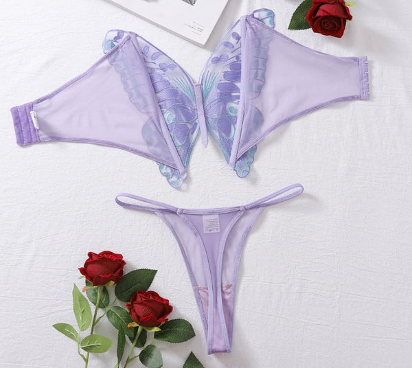 Women Butterfly Sexy Strapless Lavender Mesh Lingerie Set