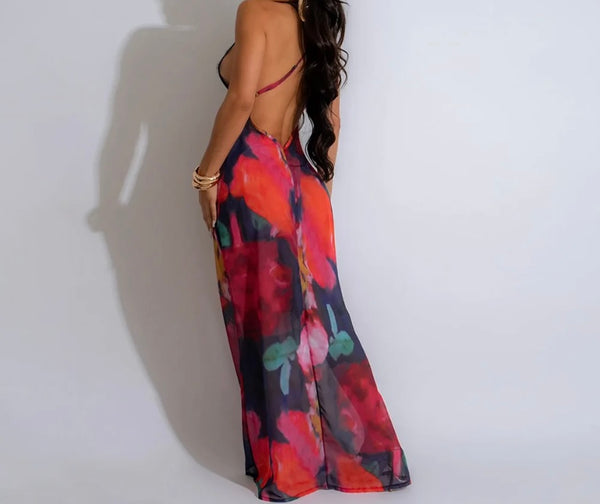 Women Sexy Sleeveless Lace Patchwork Printed Maxi Dress