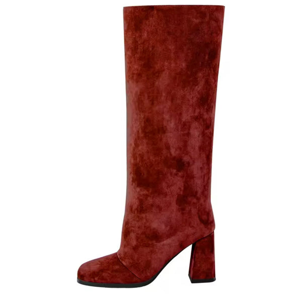 Women Fashion Color Square Toe Suede Knee High Boots