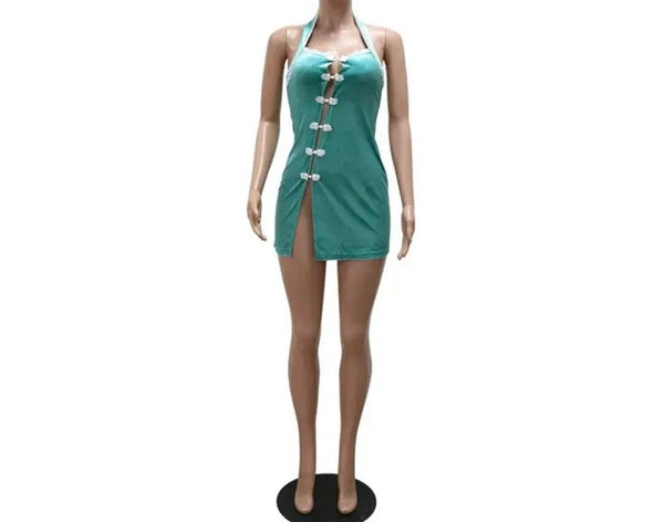 Women Sexy Velour Halter Sleeveless Short Dress