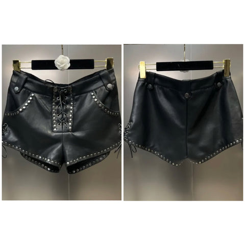 Women Black Faux Leather Rivet Tie Up Shorts