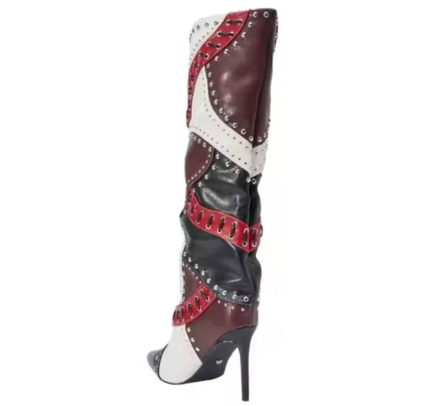 Women Fashion Pointed Toe Color Patchwork Knee High Boots