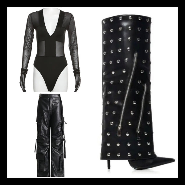 Women Black Rivet Zipper Faux Leather Knee High Boots