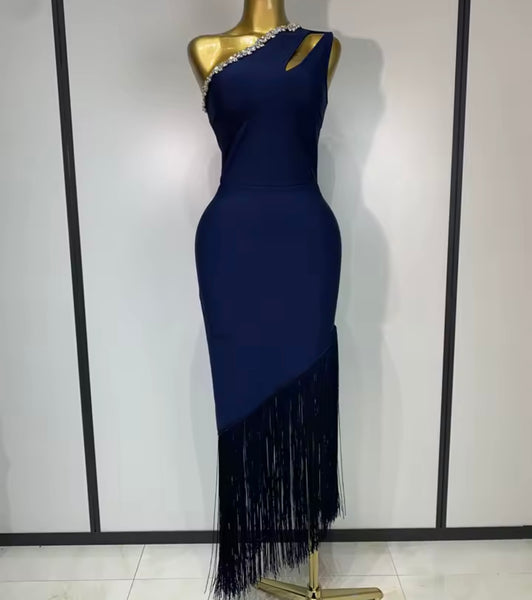 Women One Shoulder Sleeveless Blue Rhinestone Sexy Maxi Dress