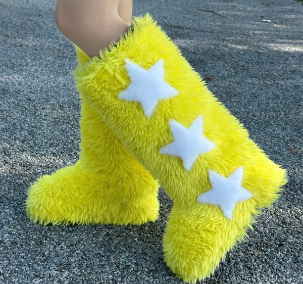 Women Fluffy Fashion Star Print Faux Fur Boots