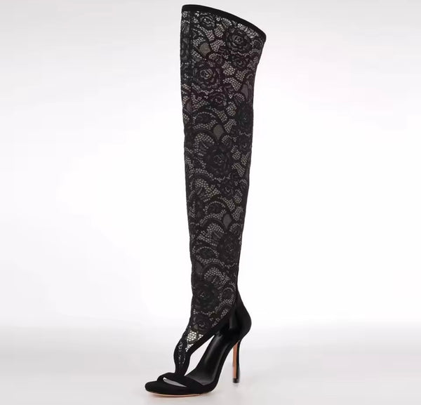 Women Fashion Open Toe Lace High Heel Knee High Boots