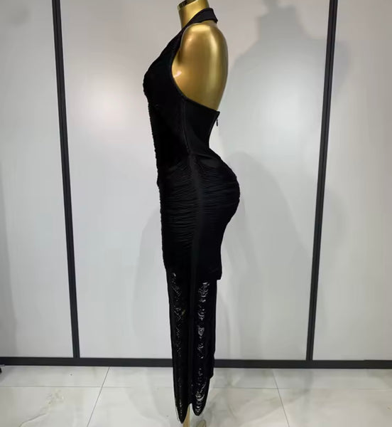 Women Black Sexy Halter Sleeveless Fringe Dress