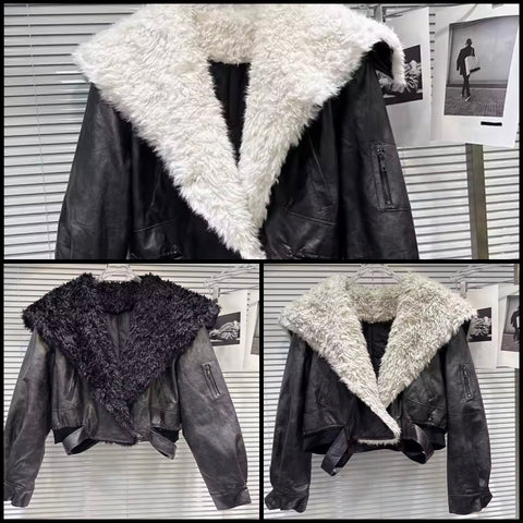 Women Fashion Color Faux Fur Leather Jacket