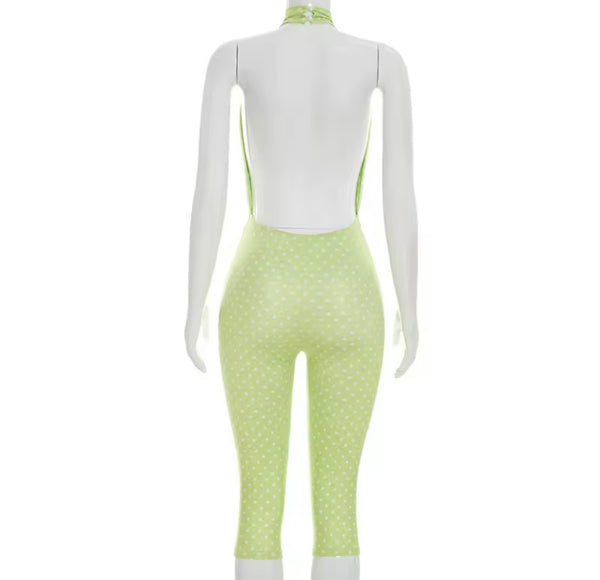 Women Halter Open Back Sexy Sleeveless Polka Dot Jumpsuit