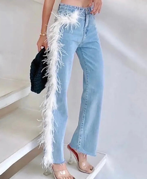 Women Fashion Faux Fur Patchwork Denim Pants