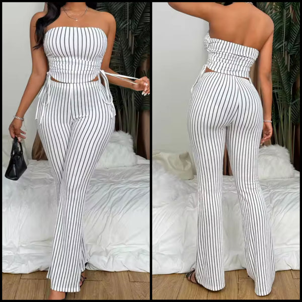 Women Strapless B&W Striped Tube Top Two Piece Pant Set