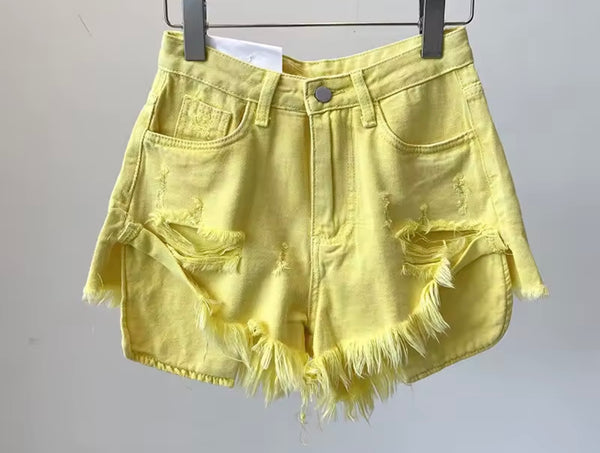 Women Sexy Fashion Color Ripped Denim Shorts