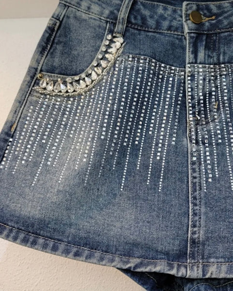 Women Fashion Denim Bling Patchwork Skirt