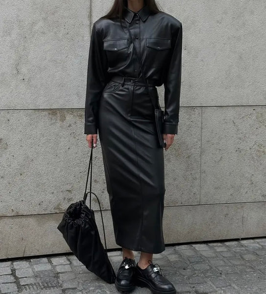 Women Black Fashion Faux Leather Button Up Two Piece Maxi Skirt Set