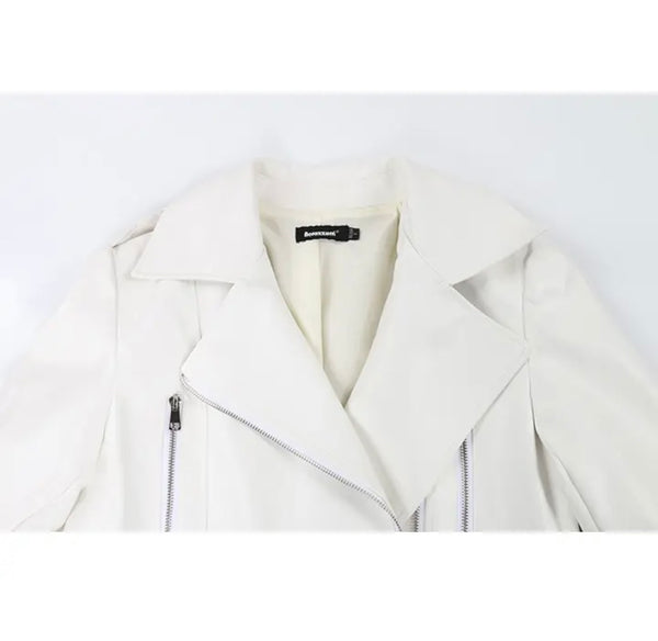 Women White Fashion Faux Leather Belted Jacket