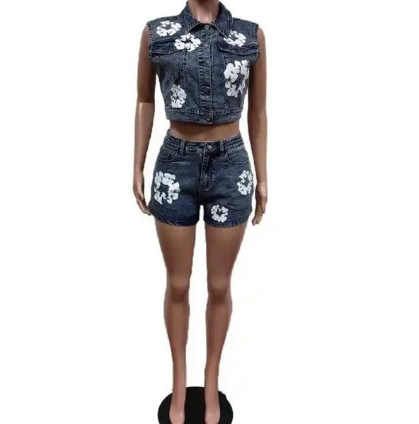 Women Fashion Floral Print Two Piece Denim Vest Short Set