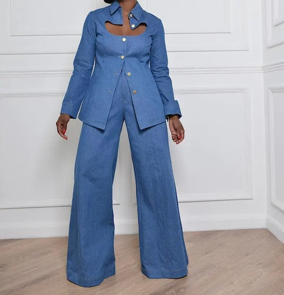 Women Fashion Button Up Full Sleeve Denim Two Piece Pant Set