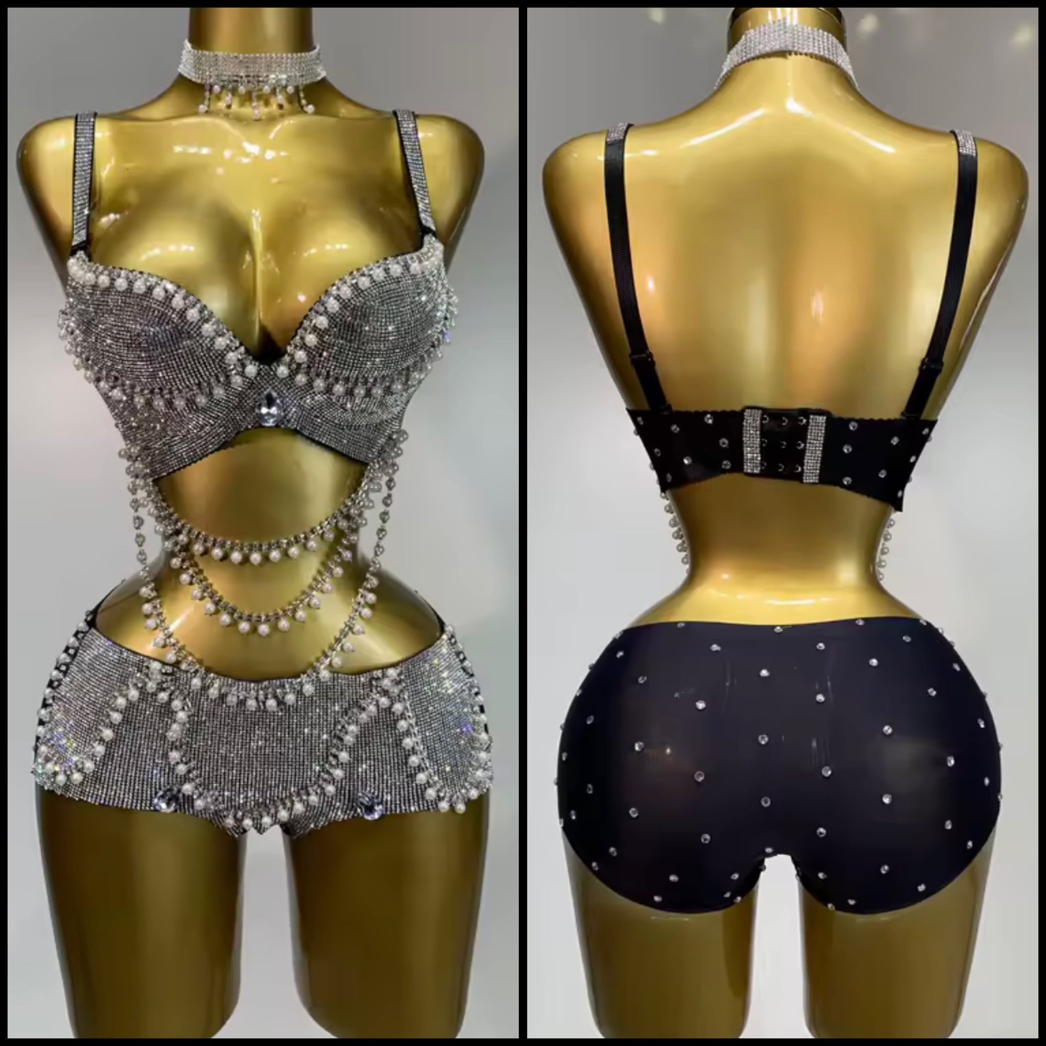 Women Sexy Sleeveless Choker Pearl Bling Rhinestone Two Piece Short Set