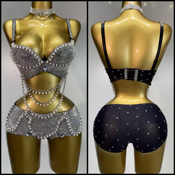 Women Sexy Sleeveless Choker Pearl Bling Rhinestone Two Piece Short Set