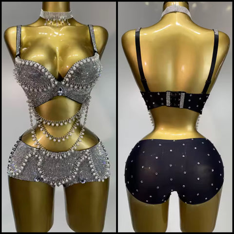 Women Sexy Sleeveless Choker Pearl Bling Rhinestone Two Piece Short Set