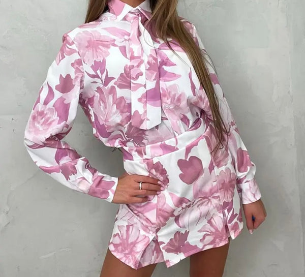 Women Sexy Floral Full Sleeve Two Piece Skirt Set