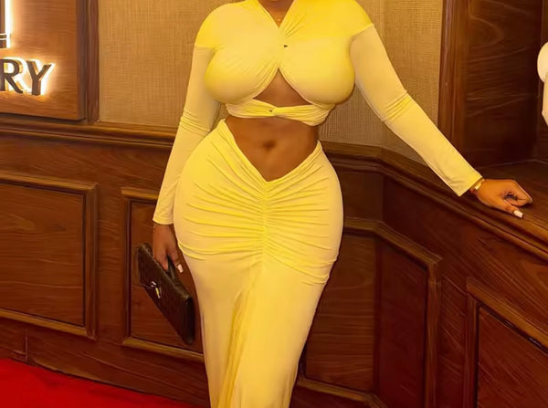 Women Yellow Sexy Cut Out Full Sleeve Ruched Two Piece Maxi Skirt Set
