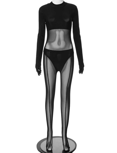 Women Sexy Glove Full Sleeve Feet In Mesh Patchwork Jumpsuit