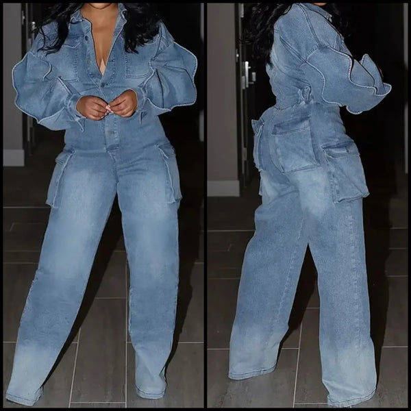 Women Fashion Button Up Ruffled Full Sleeve Denim Jumpsuit