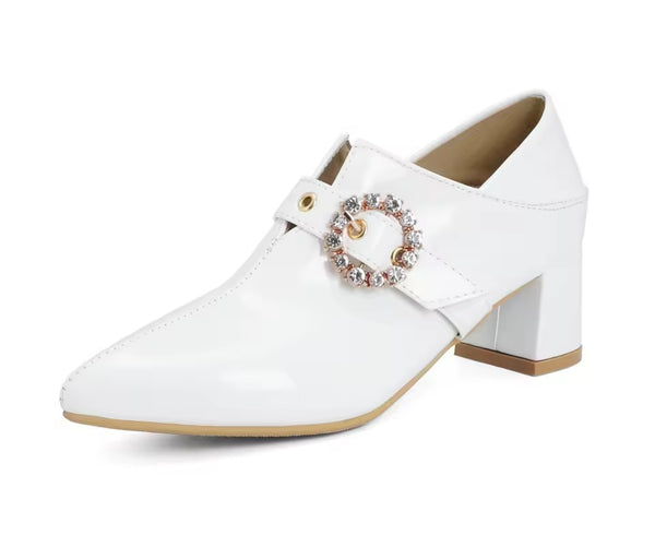 Women Color Fashion Pointed Toe Patent Leather Bling Buckled Shoes
