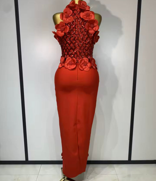 Women Sexy Sleeveless Sequins Beaded 3D Floral Maxi Dress