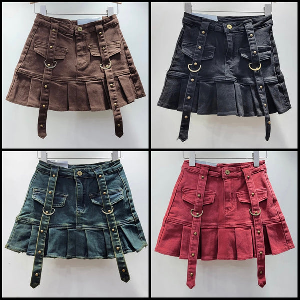 Women Fashion Buckled Pleated Denim Skirt