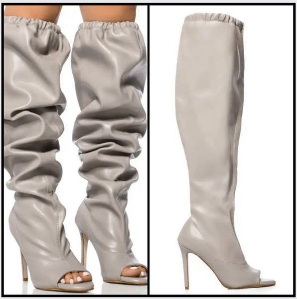 Women Fashion Open Toe Ruched Faux Leather Knee High Boots