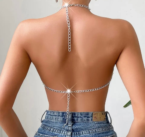 Women Sexy Fashion Purple Crystal Chain Halter Crop Top