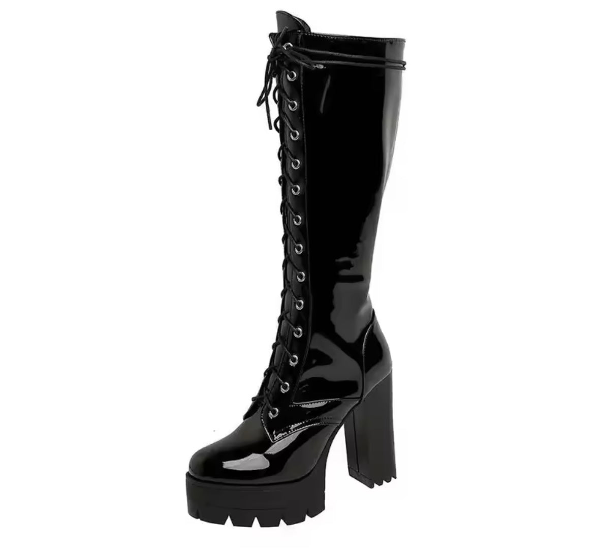 Women Fashion Patent Leather Lace Up Platform High Heel Boots