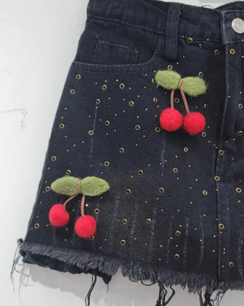 Women Fashion Rivet Cherry Denim Skirt