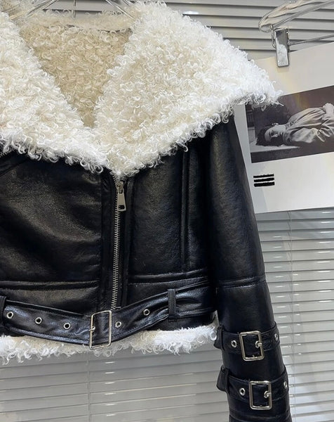 Women Warm Fashion Faux Leather Buckled Jacket