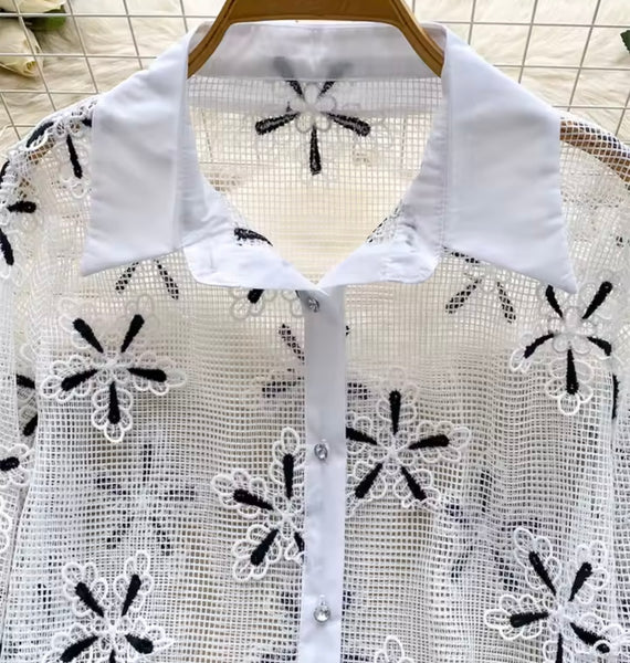 Women Fashion Floral See Through Button Up Full Sleeve Top