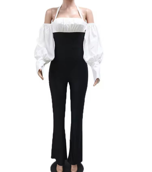 Women Sexy Halter Full Puff Sleeve B&W Jumpsuit