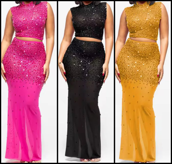 Women Sexy Color Sleeveless Crystal Mesh Two Piece Maxi Skirt Set