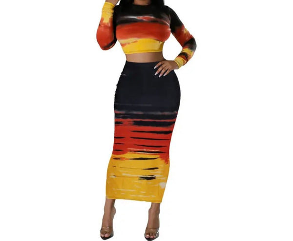 Women Sexy Color Patchwork Full Sleeve Crop Two Piece Maxi Skirt Set