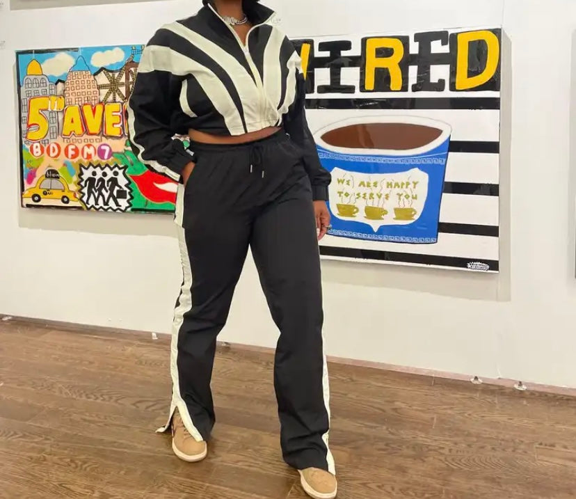 Women Fashion Striped Zip Up Tracksuit Two Piece Pant Set
