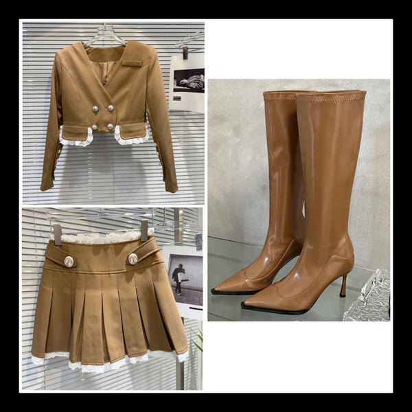 Women Fashion Lace Patchwork Two Piece Blazer Pleated Skirt Set