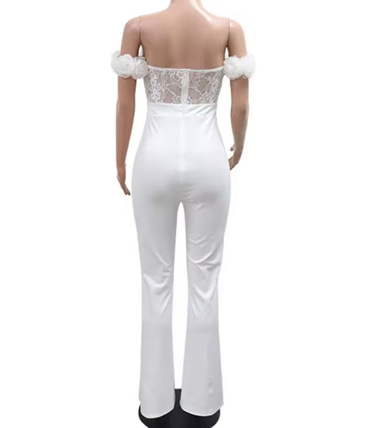 Women Sexy Ruffled Off The Shoulder Lace Patchwork Jumpsuit