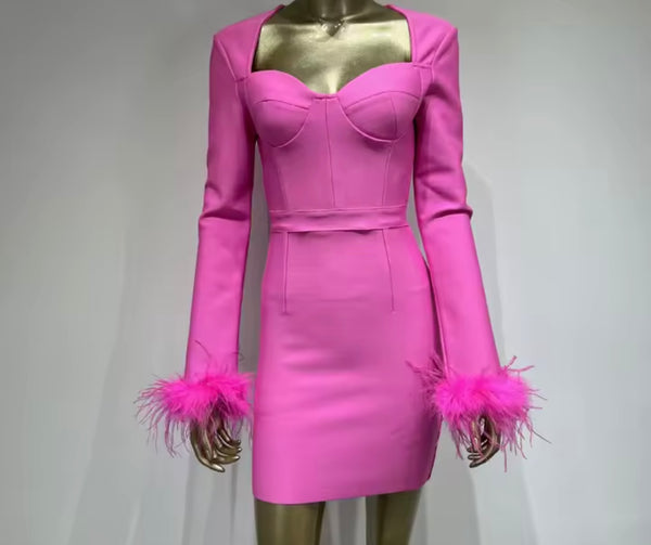 Women Pink Sexy Feather Full Sleeve Dress