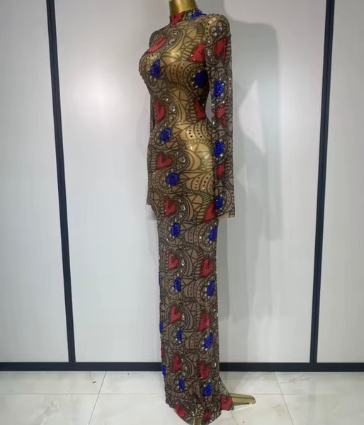 Women Sexy Color Patchwork Heart Printed Bling Mesh Maxi Dress